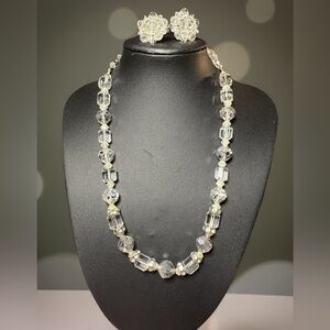 Vintage Crystal Glass Bead Necklace & Clip-On Earrings Set